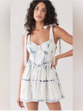 LoveShackFancy Light Wash Denim Mini Dress with Faint Floral Print